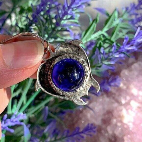 VTG Kissing Dolphins Cobalt Blue Art Glass Pendant - Picture 3 of 7